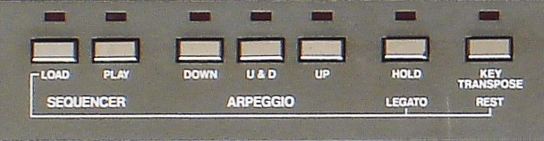 LOAD en PLAY bedienen de sequencer; DOWN, U&D en UP kiezen het arpeggiopatroon.